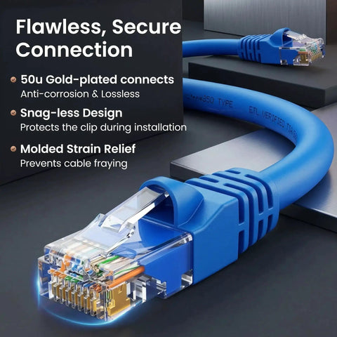 Close-up of Cat6 Ethernet Cable Pack 20 Count 10 Ft Patch Cables With Snagless Gold Plated RJ45 Connectors, blue cable.