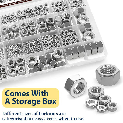 Two In One Hex Nut Kit For DIY And Automotive, 510 Piece SAE And Metric Nut Set, 304 Stainless Steel Nuts in storage box