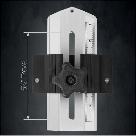 Top view of Thin Rip Jig for Table Saws and Router Tables in 3/4 by 3/8 inch miter slots, black knob, and adjustable chrome body.