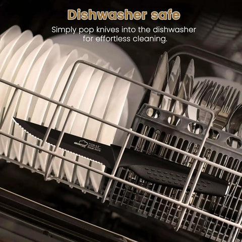 Eight Piece Steak Knife Set With Stainless Steel Serrated Blades and Elegant Black Handles in dishwasher