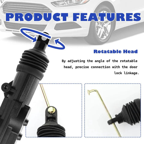Two Piece Motorized Door Lock Actuator Kit With Tool Set 12V Two Wire Car Unlock System showing rotatable head and linkage rod.