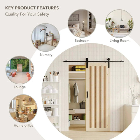 42 Inch By 84 Inch Sliding Barn Door With Wood Slat Design And Hardware Kit shown installed in modern home setting