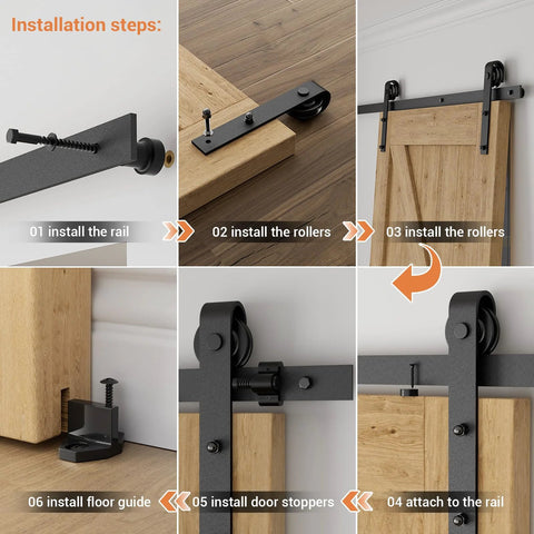 Six Foot J Shape Sliding Barn Door Hardware Kit For A Single Wooden Door With Frosted Black Finish Track System Vintage Closet Hardware Great For Doors Up To 36 Inches Wide And 330 Pound Capacity installation steps showing rail attachment, rollers, door stoppers, floor guide.