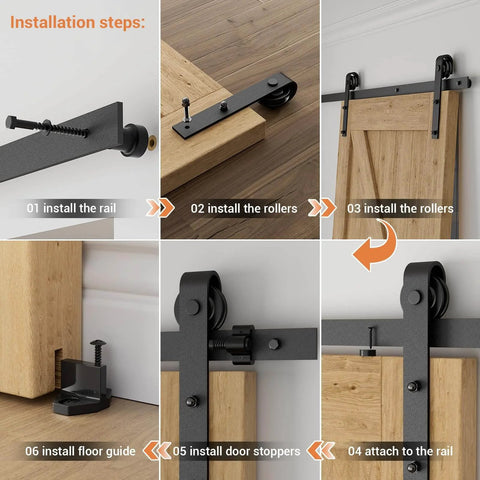 Installation steps for Sliding Barn Door Hardware Kit 5.5 Feet Built Tough Heavy Duty Track System with frosted black finish