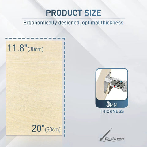 Diagram showing Product Size highlighting dimensions of 11.8 by 20 inches with 3mm thickness for Premium Baltic Birch Plywood Sheets For Laser Cutting And DIY Crafts One Eighth Inch Thick 11.8 By 20 Inches 20 Pack Value Pack A Grade Veneer On Both Sides Individually Wrapped For Moisture Protection.