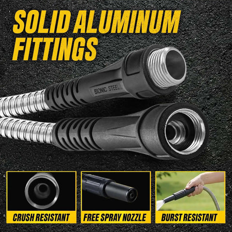 Stainless Steel Garden Hose With Sprayer Nozzle, Heavy Duty 100 Ft Non Kinking Water Hose Five Eighths Inch with solid aluminum fittings