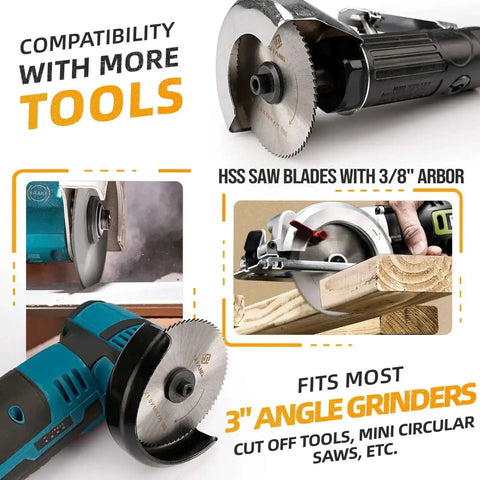 Three Inch HSS Circular Saw Blade With Three Eighth Inch Arbor 72 Tooth Multi Material Cutter shown with angle grinders