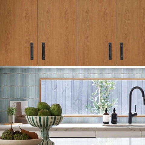 Installed view of kitchen cabinets with Four Pack Barn Door Handles Black Zinc Alloy Sliding Door Pulls with Plate.