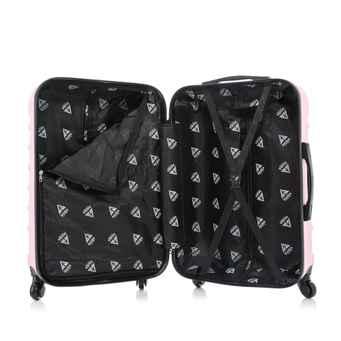 Interior view of Durable Pink 20 Inch Carry On Lightweight Hardside Luggage With Spinner Wheels and Trolley Handle from InUSA, showcasing storage space.