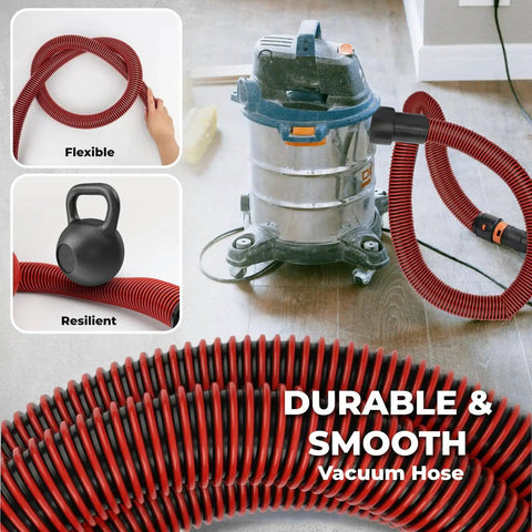 10 Ft 1 1/4 Inch Dust Collection Hose Kit With 6 Adapters for home and shop vacuums shown with flexible, resilient design