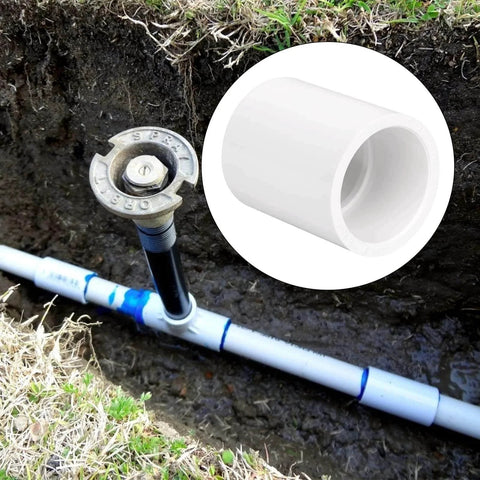 Twenty Pack Three Quarters Inch PVC Pipe Couplings Socket To Socket Heavy Duty Schedule 40 PVC Slip Socket Connectors in irrigation setup