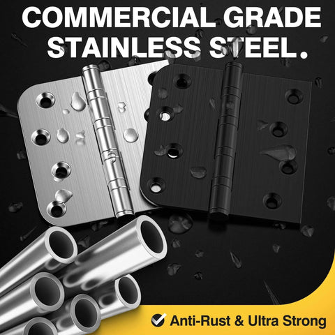 Ball Bearing Door Hinges 4x4 Inches Square Corner Five Eighths Radius Heavy Duty Stainless Steel Brushed Nickel on black