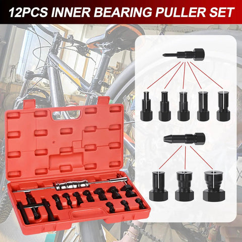 12 Piece Blind Hole Bearing Puller Kit With Slide Hammer For Motorcycles, Inner Bearing Remover Tool Set With Collets From 8 mm To 32 mm displayed in case