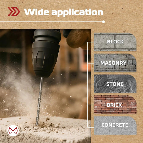 Three Sixteenth Inch By Six Inch SDS Plus Hammer Drill Bit Set Ten Carbide Tipped Masonry Bits For Brick Stone And Concrete With Durable Storage Case Great For All Jobs drilling into concrete block