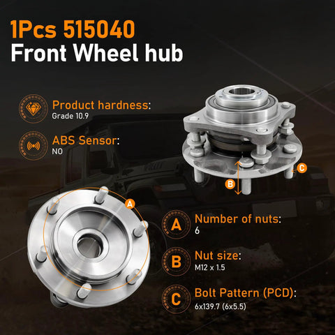 Front Wheel Hub Bearing Assembly 6 Lug With ABS For 4X4 Toyota 4Runner 2003 To 2020, Tacoma 2005 To 2020, FJ Cruiser 2007 To 2014, 515040