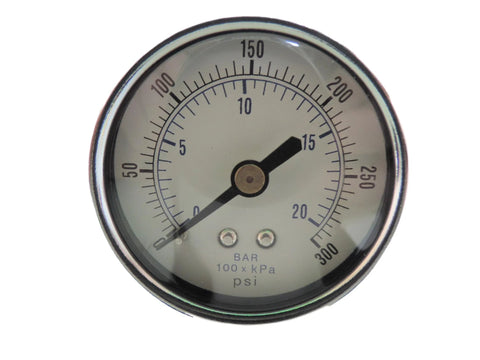 Analog pressure gauge with chrome bezel showing 0–300 psi for air compressors