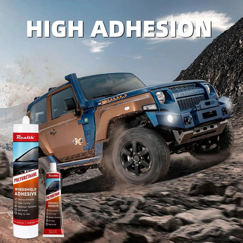 Heavy Duty Windshield Adhesive And Sealant 50ML Fast Curing Formula For Auto Glass Car Windscreen RV Window Weather Resistant High Strength Crack Repair Glue, with image of jeep driving on rocky terrain.