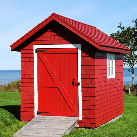 Red shed with Six Pack 12 Inch T Strap Shed Hinge Set in Black Heavy Duty Iron T Hinge for doors, barn gates, fences, garden shed hardware.