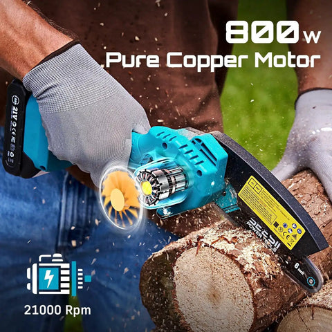 Man using Six Inch Cordless Mini Chainsaw With Two Batteries Portable Electric Chainsaw For Tree Trimming And Wood Cutting Beast