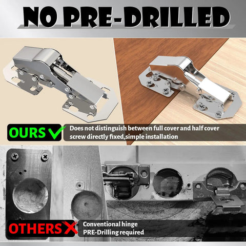 24 Pack Hidden Hinges Soft Close Surface Mount Concealed Cabinet Hinges For Frameless Kitchen Cabinets No Pre Drill Holes Easy Install For Cabinet Doors Durable Steel Construction Great For Modern Cupboards displayed in comparison with conventional hinges, showing easy installation and sleek design.