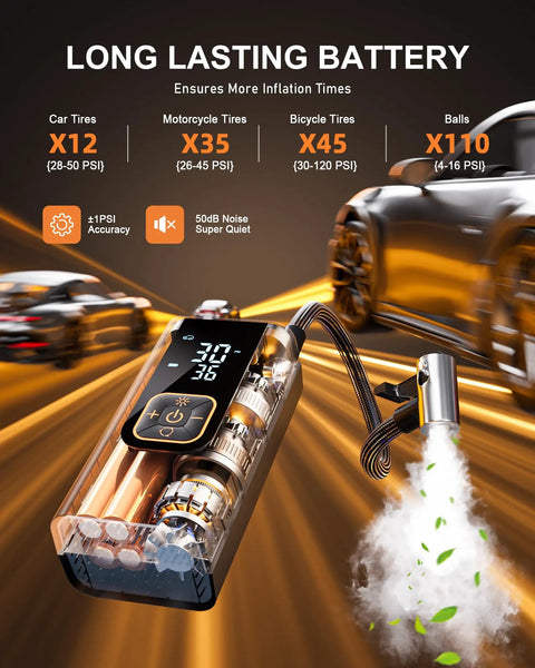 Portable Tire Inflator With 180 PSI Digital Gauge For Cars, Motorcycles, Bikes, And Balls, 12V DC Power, LED Light, showing battery life and PSI accuracy.