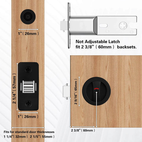 Round Pocket Door Lock And Edge Pull Privacy Latch With Color Coded Indicators Dope Matte Black Flush Pocket Door Hardware Fits 1-1/4 To 2-1/5 Inch Door Thickness And 2-3/8 Inch Backset, dimensions shown on wood surface.
