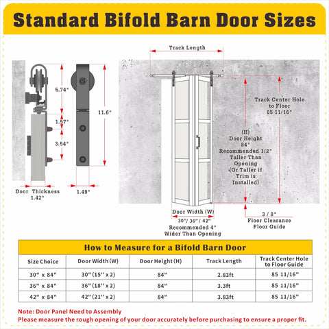 Illustration of bifold barn door measurements with installation guide, showing dimensions and track length for Space Saving Bifold Barn Door Kit With Sliding Hardware For Closet, White MDF Frame, 36 Inch Door Featuring Two 18 Inch Panels, 84 Inch Track For Two Doors, Tempered Frosted Glass Three Lite Panels, Pre Drilled Slab.