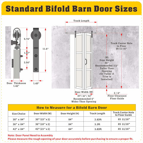 Diagram showing measurements and installation guidelines for a Bi-Fold Sliding Barn Door White MDF With Frosted Glass Panels, 30 Inch Wide, 84 Inch Tall, Two 15 Inch Panels, Includes Sliding Hardware Kit, Pre-Drilled Closet Slab, Space-Saving Interior Door for Hallway or Closet.