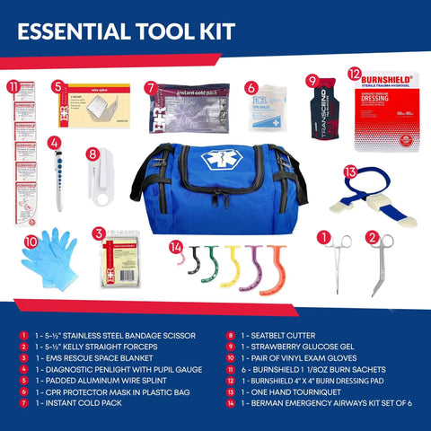 Fully Stocked Trauma First Aid Kit In First Responder II Bag With Tools Gauze Bandages Scissors And Gloves, Compact and Portable