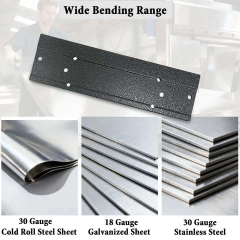 12 Inch Folding Sheet Metal Bending Tool For HVAC Pros With Three Eighths Inch And One Inch Fold Depth Duct Bender Hand Tool showcasing bending range on various steel sheets.