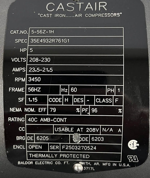 Label details for 5HP Single Phase Electric Motor For Air Compressors 208 230V 3450 RPM Seven Eighths Inch Shaft 1.15 Service Factor Made In USA