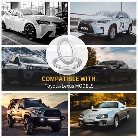 Collage of Toyota and Lexus vehicles with Must Have 20 Pack Transmission Drain Plug Gaskets And Oil Crush Washers Set displayed center