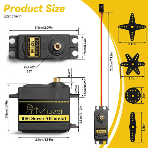 Size chart and components of MG996R 55g Metal Gear Torque Digital Servo Motor for RC hobby use, shown in close-up view