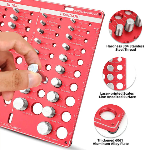 42 Pro Grade Thread Checker Bolt Gauge With 19 Standard And 15 Metric Sizes, showing a user checking a nut with stainless steel threads.