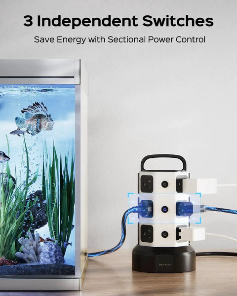 12 Outlet Surge Protector Tower with 6 USB Ports and 2 USB-C next to aquarium, 6.5 foot extension cord, space saving design.