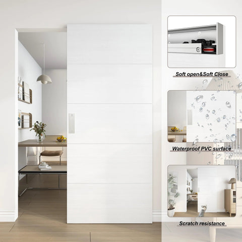 36X84 White Concealed Sliding Barn Door With Hidden Rail And Soft Close Hardware Kit shown installed in interior opening