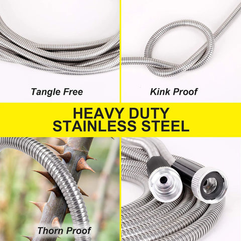 FOX EASE metal water hose, 25 ft stainless steel with two nozzles; tangle-free, kink-proof, thorn-proof.