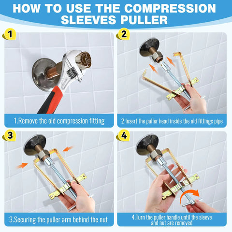 Steps to use 2 In 1 Faucet Handle Puller And Compression Sleeve Removal Tool For Frozen And Corroded Stops with diagram