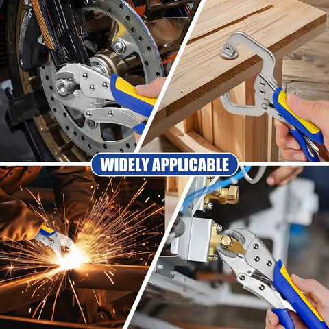 Heavy-Duty Locking Pliers Set With Curved Jaw Vise Grips And Needle Nose Pliers used in various applications such as welding and woodworking.