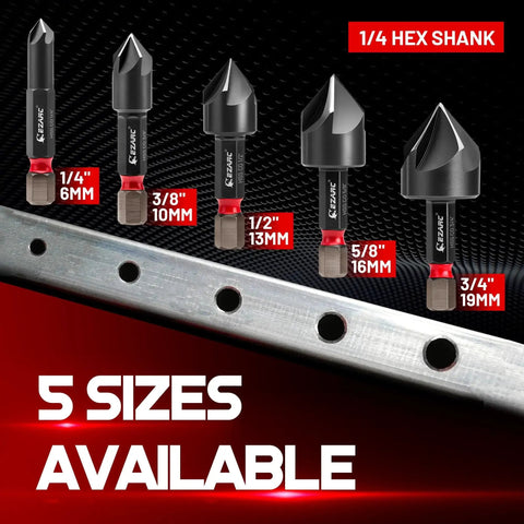 Hard Metal Countersink Drill Bit Set With AlTiN Coating For Stainless Steel And Alloys By Ezarc 82 Degree Five Flute Design One Quarter Inch Hex Shank Includes One Quarter Three Eighths One Half Five Eighths And Three Quarter Inch Bits Five Pieces.