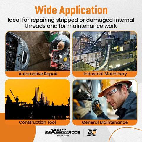 Image showing wide applications of 320 Piece Helicoil Thread Repair Kit With Metric And SAE Thread Restorer Set in automotive, industrial, and construction.