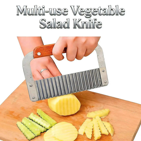 French Fry Slicer With Stainless Steel Blade And Wooden Handle For Crinkle And Waffle Fries Pickles And Veggies Durable Kitchen Knife For Safe Easy Meal Prep And Fun Food Cutting on a wooden board with crinkle-cut vegetables