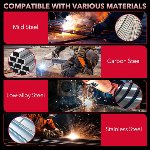 Diagram showing welding compatibility of Pro Grade 120 Amp MIG Welder Combo 3 In 1 Gasless Flux Core MIG Lift TIG And Stick Welder for 110V.