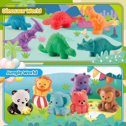 Colorful 3D dino and animal molds from Kids Dough Play Tools Set 22 Piece with Storage Box Silicone Mat Rolling Pins Safety Scissors