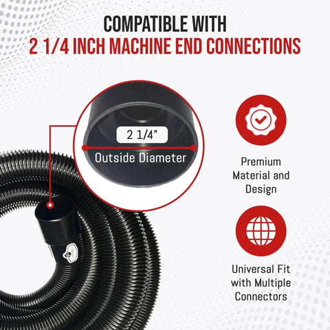 Heavy Duty Replacement Vacuum Hose For Shop Vac And Ridgid Style Wet Dry Vacuums, Crushproof Design With Airflow Control, 30 Foot Industrial Grade Hose For Home, Garage, And Shop Cleaning, shown with 2 1/4 inch machine end connections compatibility.