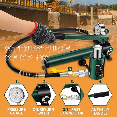 20 Ton Hydraulic Ram Jack With CP180 Pump And Pressure Gauge Porta Power Kit featuring safety handle and connectors