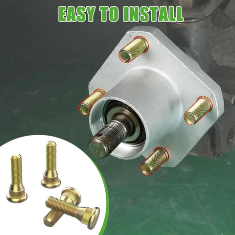 Close-up of Club Car Beefed Up Serrated Shoulder Lug Stud Bolts Kit 4 Pack Replacement For Golf Carts Fits 1981 And Newer DS Gas And Electric OEM 103477901 102353401 1011304 Easy Install with hub installation shown