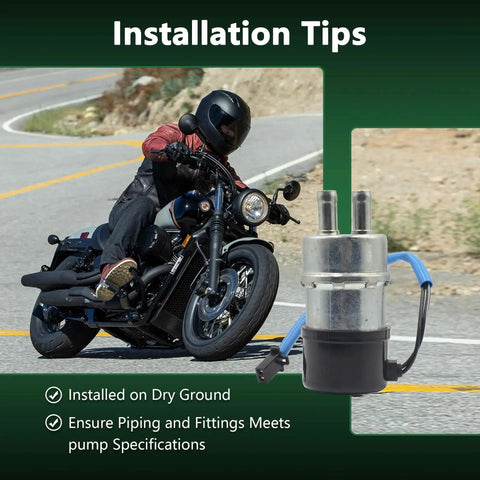 Image of Easy Swap Inline Fuel Pump 12V for Honda Shadow VT750 and CBR600F with installation tips and motorcycle background.