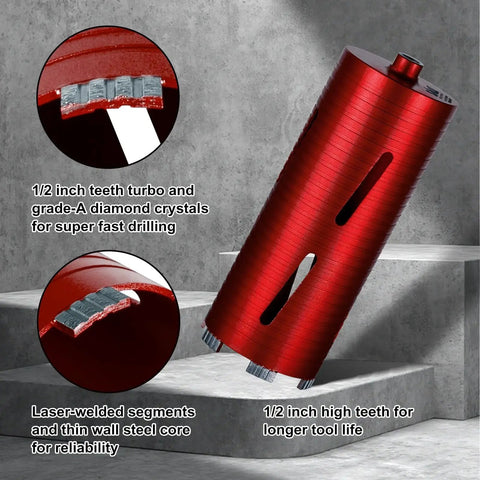 Diamond Core Drill Bits by SALI 2 1/2 Inch Diameter Heavy-Duty Turbo Laser Welded Segments for masonry, red, on concrete steps