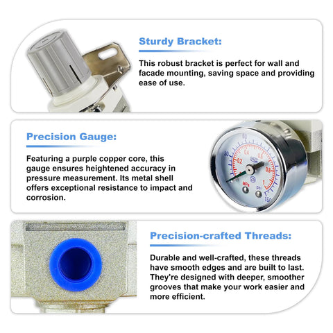 EcuoPix air pressure regulator by Amazon with 1/4 in port, 0-150 PSI gauge, mounted on a sturdy bracket.